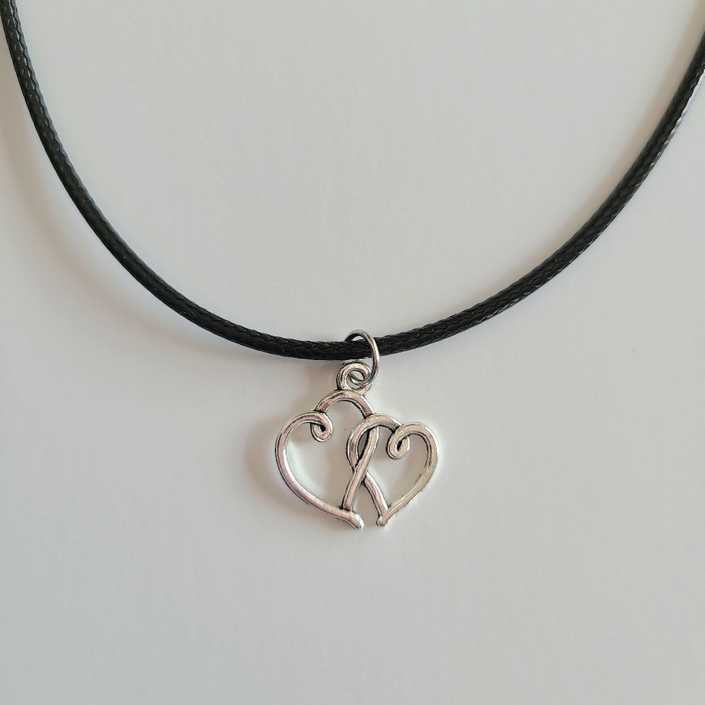 Silver Double Heart Black Faux Leather Cord Necklace - Picture 1 of 6